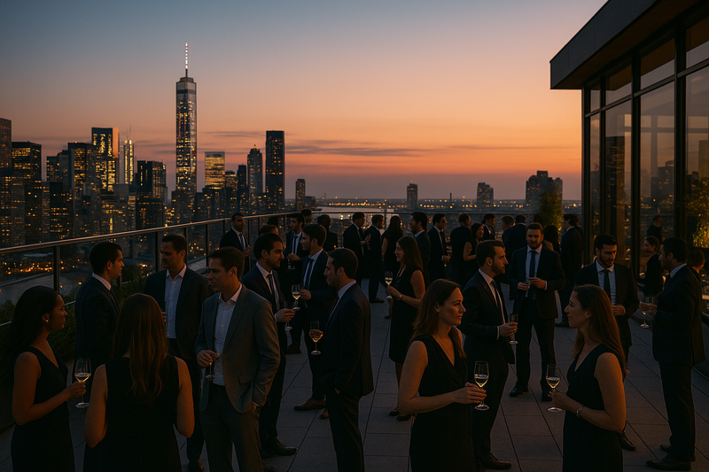 Guests enjoying a rooftop gathering above the New York skyline at sunset